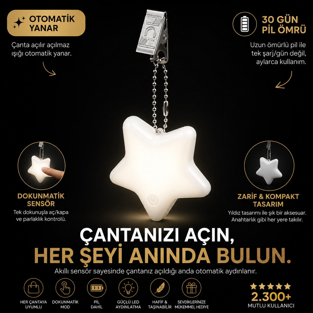 Premium - Yıldız Dokunmatik Çanta Işığı