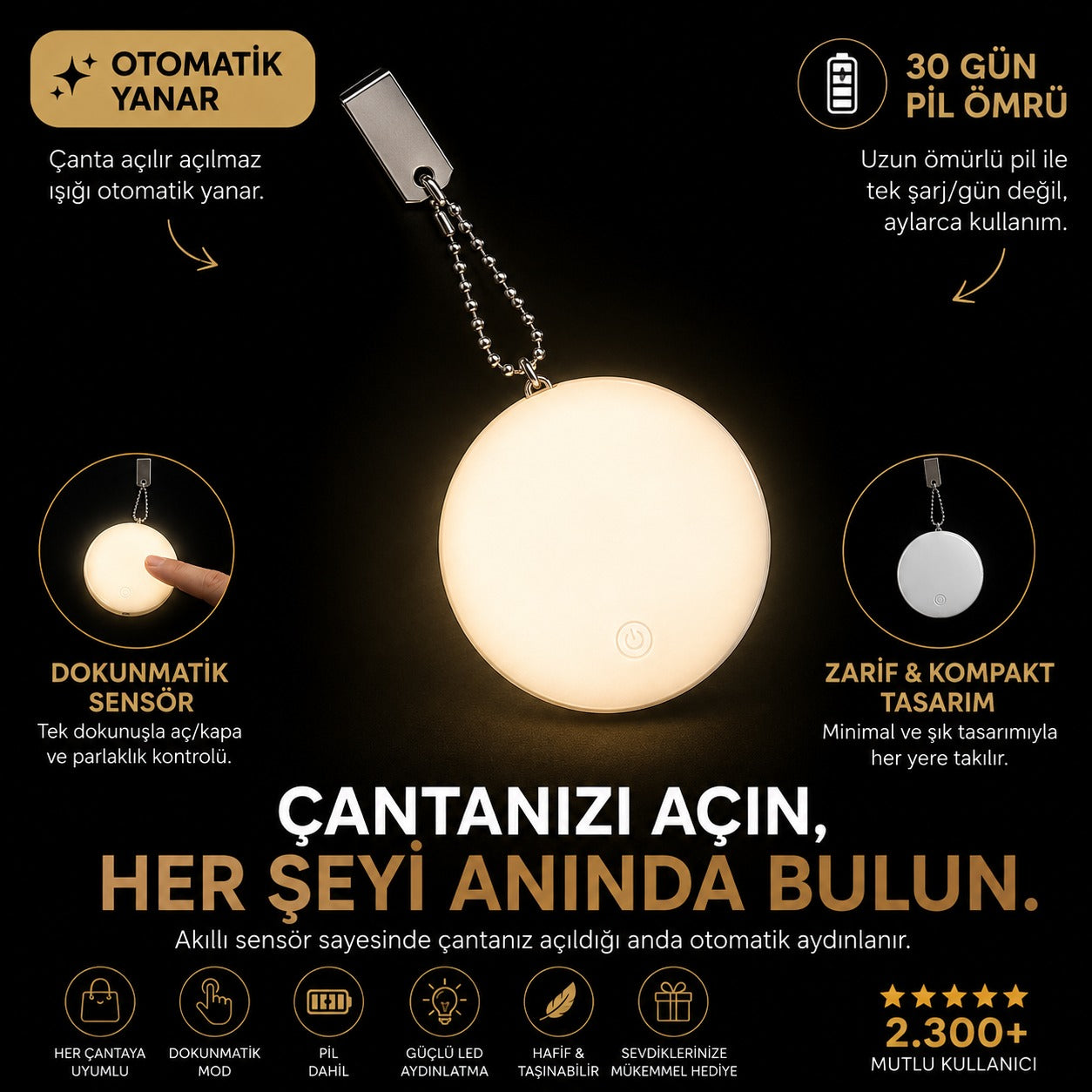Premium - Yuvarlak Dokunmatik Çanta Işığı